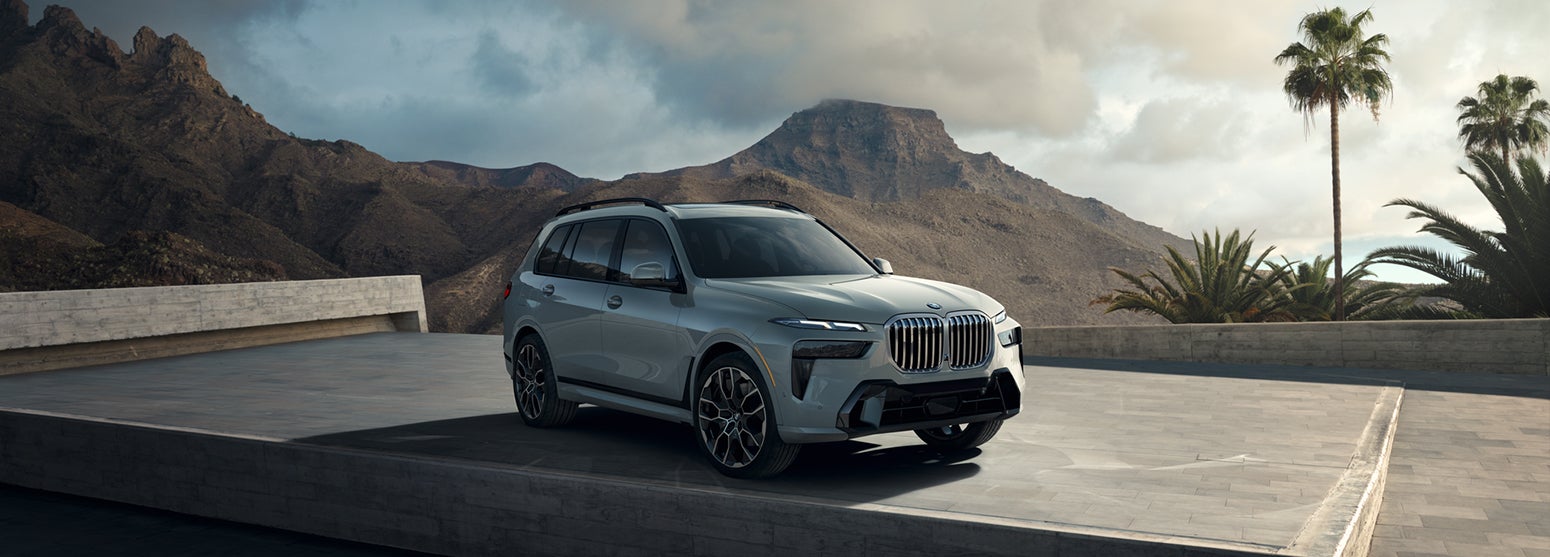 Gray BMW X7 parked with mountain and palm tree background | Open Road BMW of Edison in Edison NJ